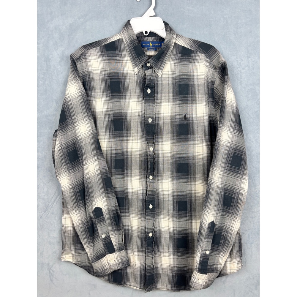 Polo Ralph Lauren Mens XL Classic Fit Grey Plaid Cotton Flannel Button Down